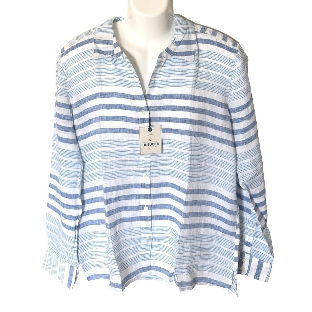 Untuckit Shirt Blouse Womens 14 Vietti 100% Linen Striped Blue Top
